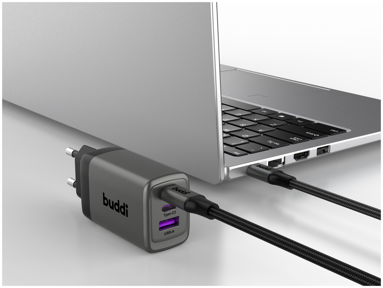 Buddi Power 65W Power Adapter Fast Charge 2x USB-C + USB-A Snellader Grijs afbeelding 15