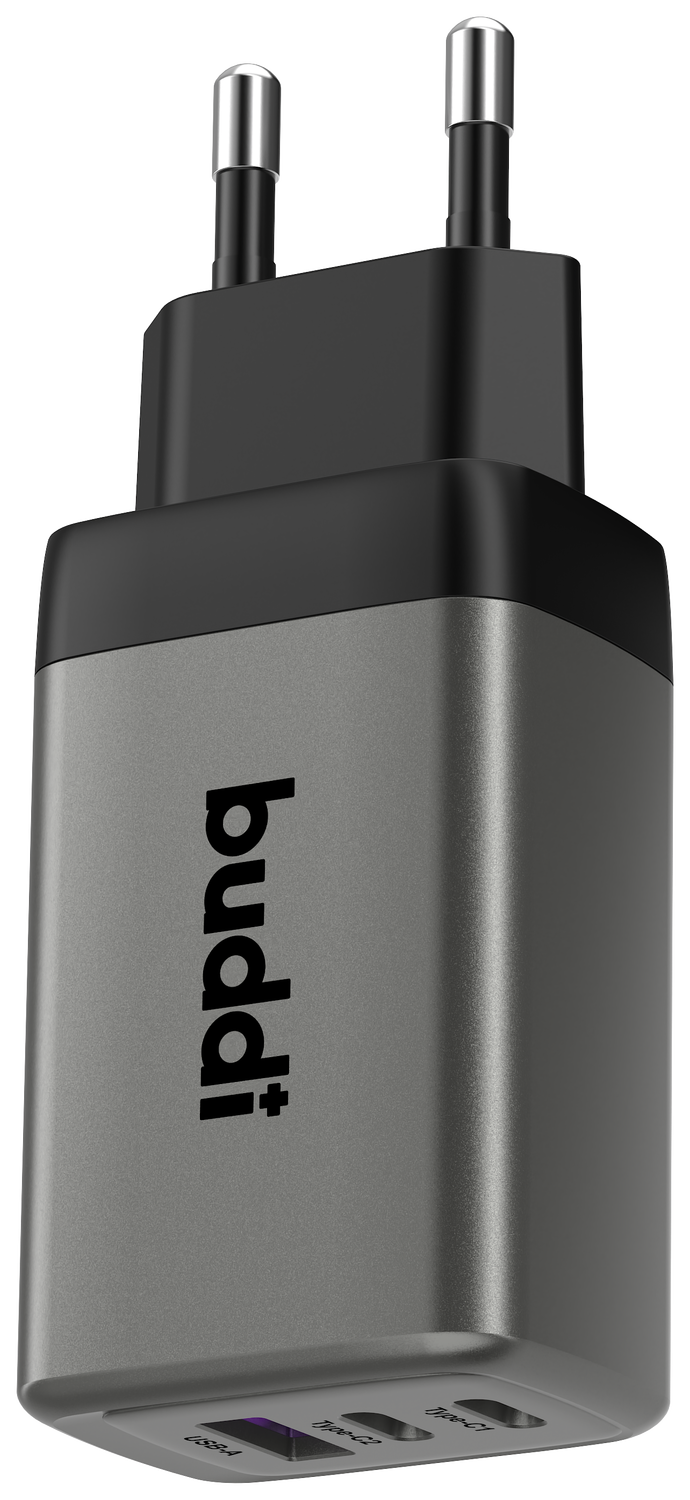 Buddi Power 65W Power Adapter Fast Charge 2x USB-C + USB-A Snellader Grijs afbeelding 10