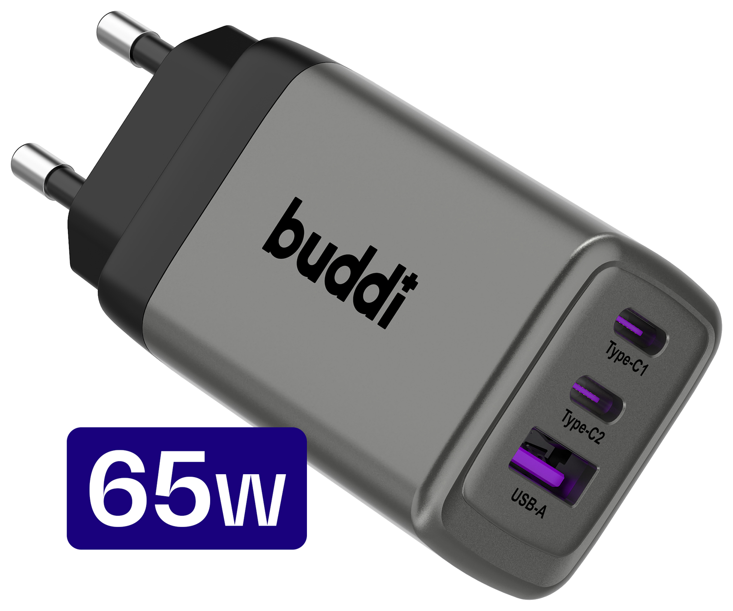 Buddi Power 65W Power Adapter Fast Charge 2x USB-C + USB-A Snellader Grijs afbeelding 1