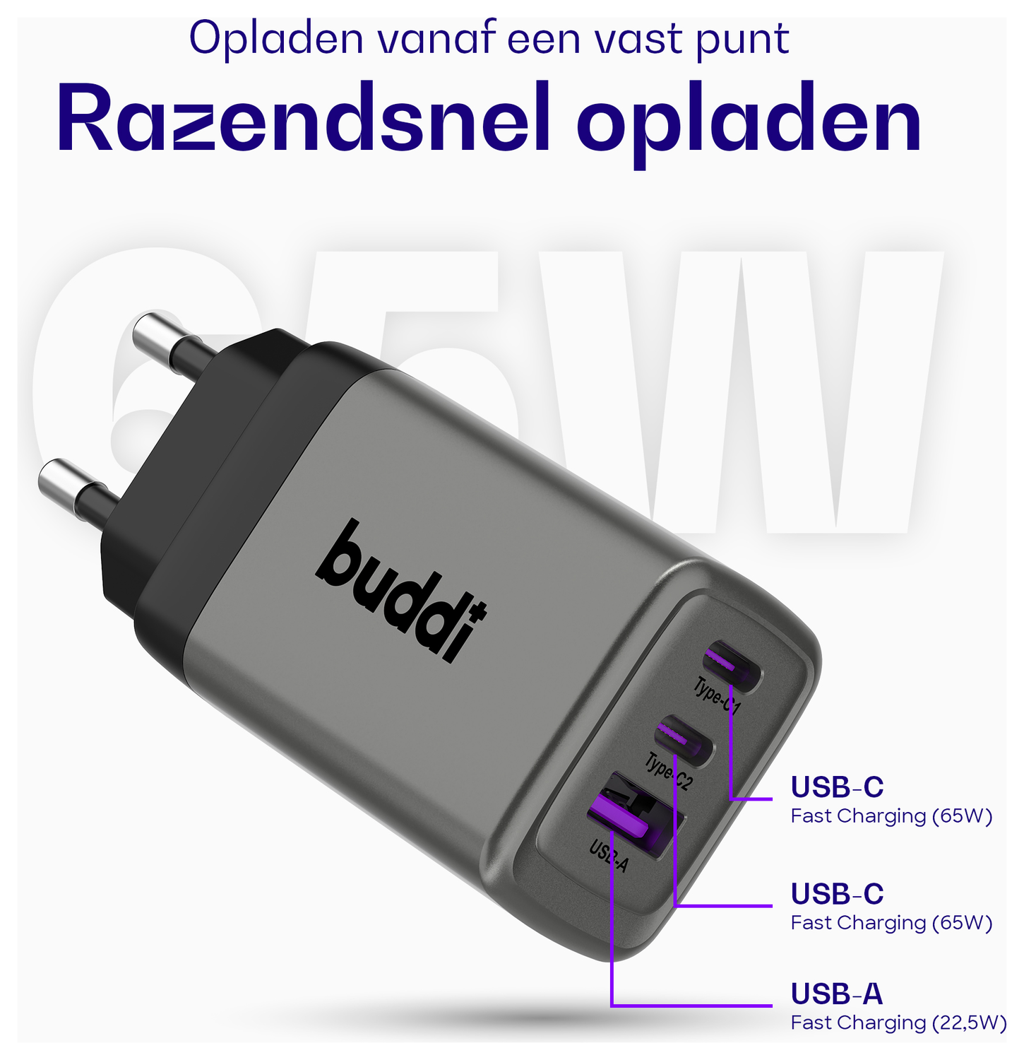 Buddi Power 65W Power Adapter Fast Charge 2x USB-C + USB-A Snellader Grijs afbeelding 3