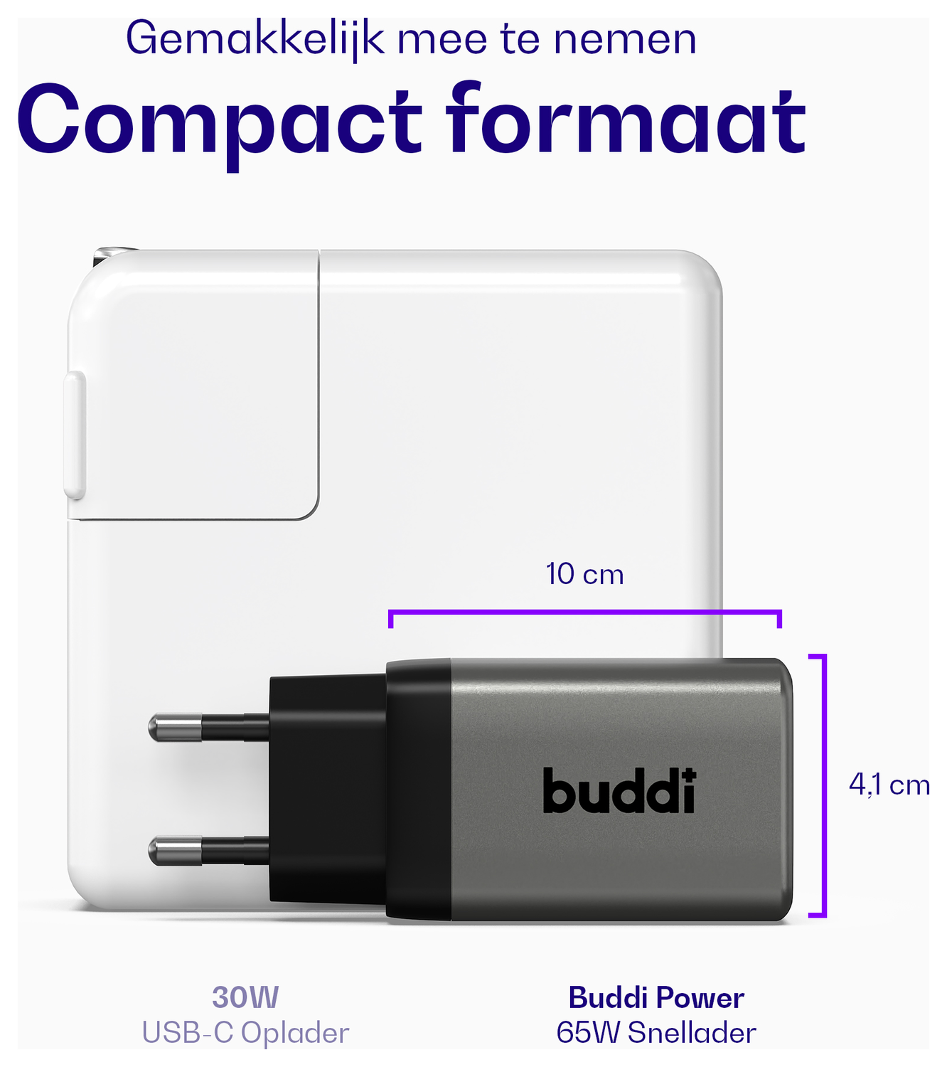 Buddi Power 65W Power Adapter Fast Charge 2x USB-C + USB-A Snellader Grijs afbeelding 4