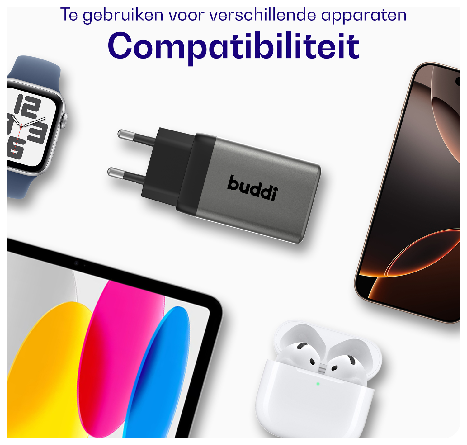Buddi Power 65W Power Adapter Fast Charge 2x USB-C + USB-A Snellader Grijs afbeelding 6