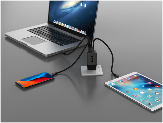 Buddi Power 65W Power Adapter Fast Charge 2x USB-C + USB-A Snellader Grijs afbeelding 14