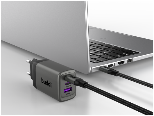 Buddi Power 65W Power Adapter Fast Charge 2x USB-C + USB-A Snellader Grijs afbeelding 15
