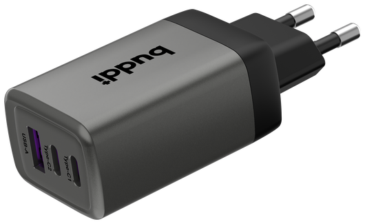 Buddi Power 65W Power Adapter Fast Charge 2x USB-C + USB-A Snellader Grijs afbeelding 11