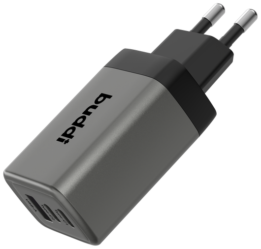Buddi Power 65W Power Adapter Fast Charge 2x USB-C + USB-A Snellader Grijs afbeelding 9