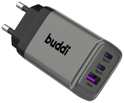 Buddi Power 65W Power Adapter Fast Charge 2x USB-C + USB-A Snellader Grijs afbeelding 17