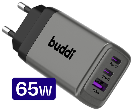Buddi Power 65W Power Adapter Fast Charge 2x USB-C + USB-A Snellader Grijs afbeelding 1