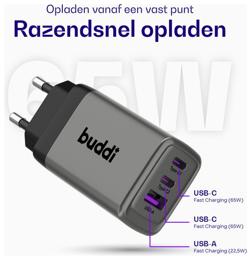 Buddi Power 65W Power Adapter Fast Charge 2x USB-C + USB-A Snellader Grijs afbeelding 3
