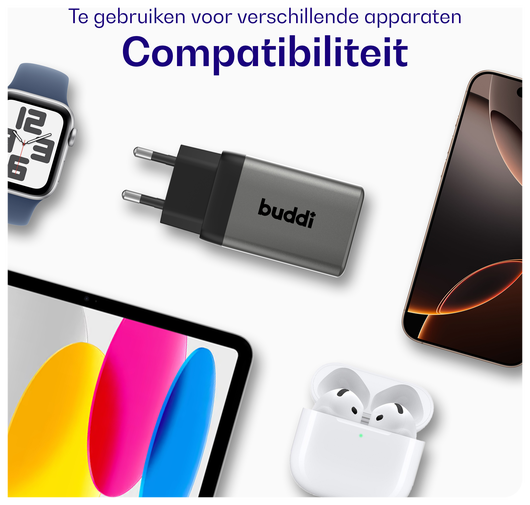 Buddi Power 65W Power Adapter Fast Charge 2x USB-C + USB-A Snellader Grijs afbeelding 6