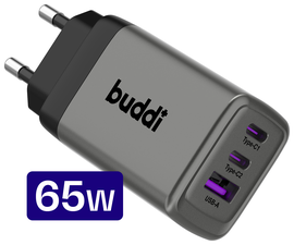 Buddi Power 65W Power Adapter Fast Charge 2x USB-C + USB-A Snellader Grijs