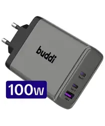 Buddi Power 100W Power Adapter Fast Charge 2x USB-C + USB-A Snellader Grijs afbeelding