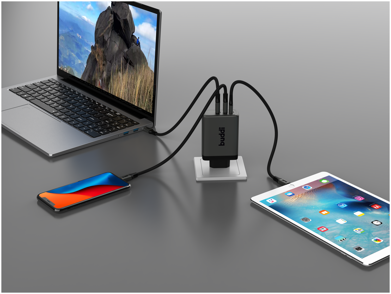 Buddi Power 100W Power Adapter Fast Charge 2x USB-C + USB-A Snellader Grijs afbeelding 14