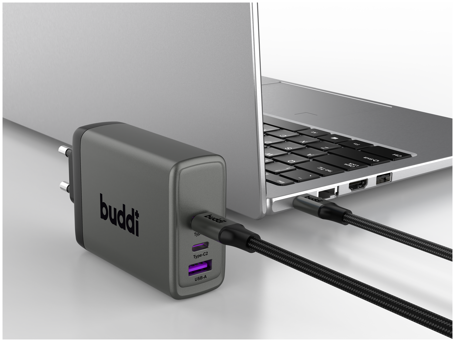 Buddi Power 100W Power Adapter Fast Charge 2x USB-C + USB-A Snellader Grijs afbeelding 15