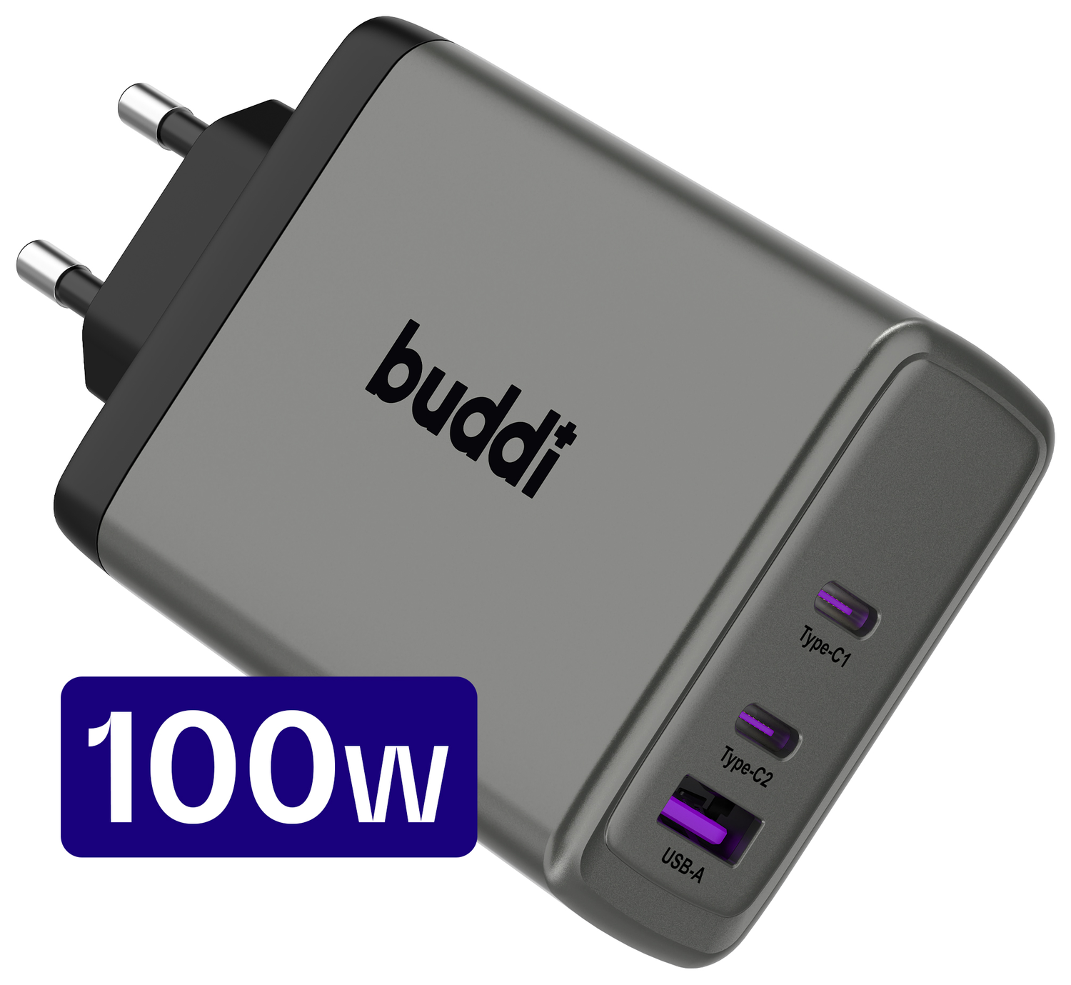Buddi Power 100W Power Adapter Fast Charge 2x USB-C + USB-A Snellader Grijs afbeelding 1