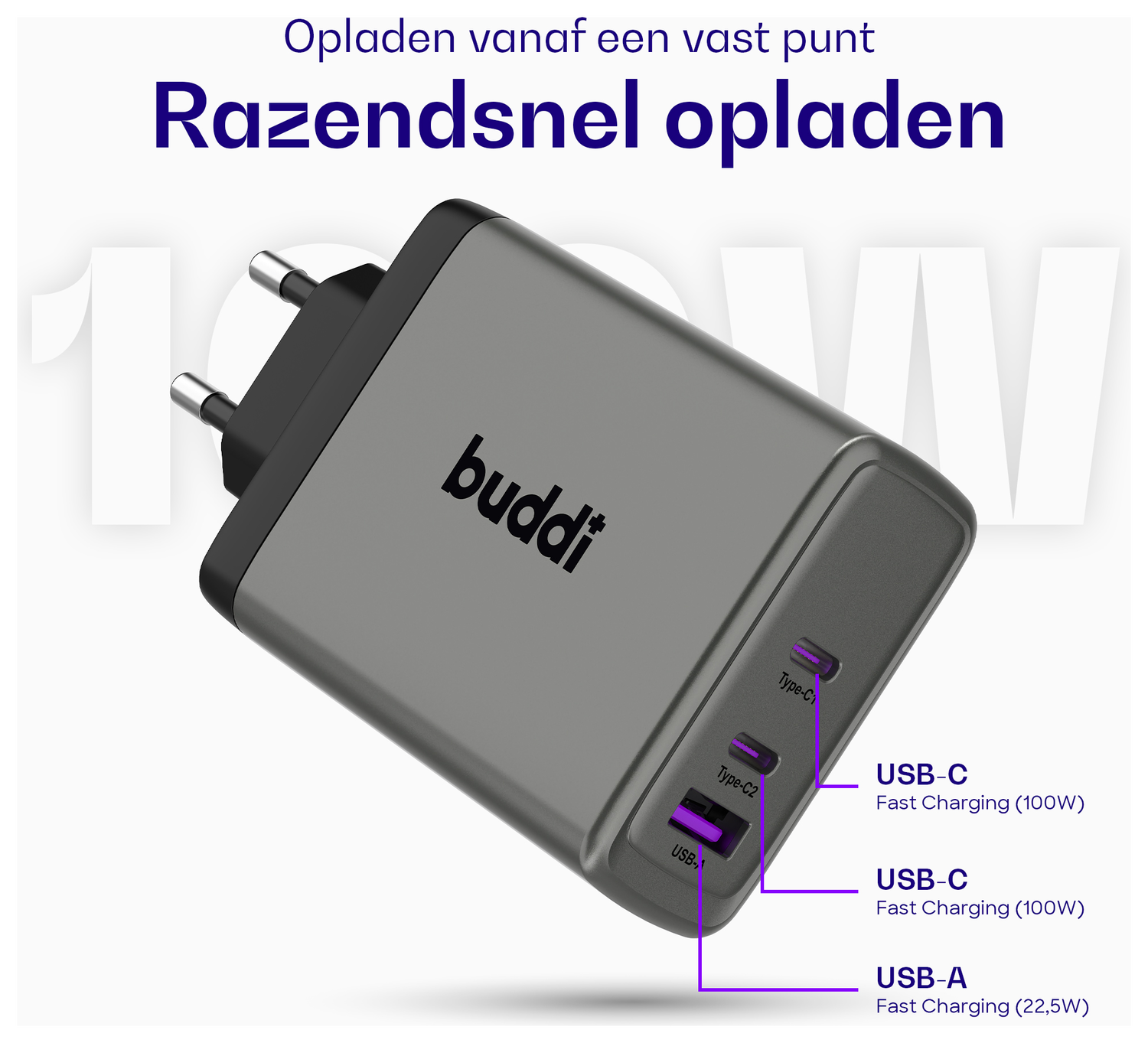 Buddi Power 100W Power Adapter Fast Charge 2x USB-C + USB-A Snellader Grijs afbeelding 3