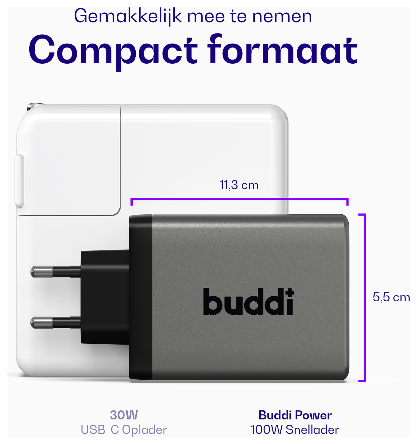 Buddi Power 100W Power Adapter Fast Charge 2x USB-C + USB-A Snellader Grijs afbeelding 4