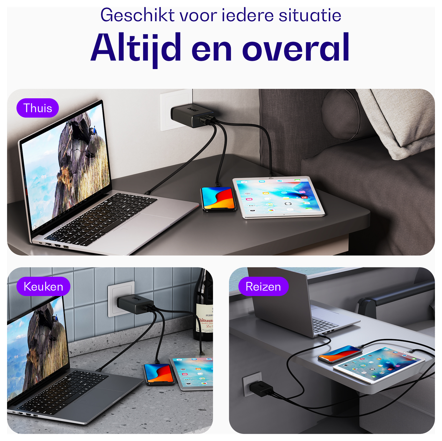 Buddi Power 100W Power Adapter Fast Charge 2x USB-C + USB-A Snellader Grijs afbeelding 5