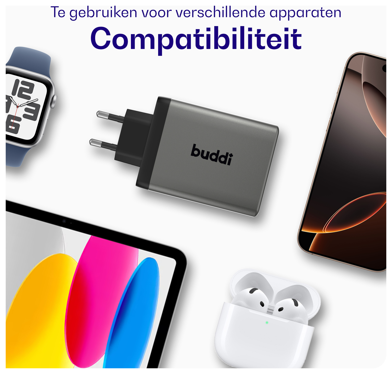Buddi Power 100W Power Adapter Fast Charge 2x USB-C + USB-A Snellader Grijs afbeelding 6