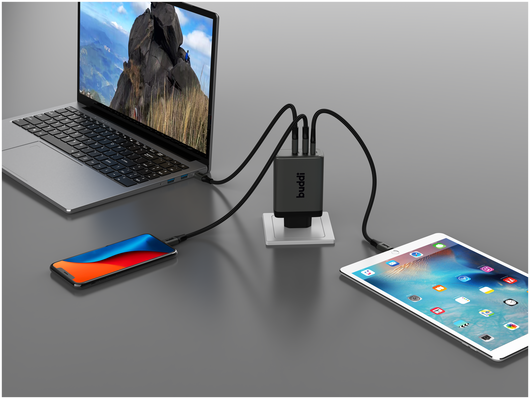Buddi Power 100W Power Adapter Fast Charge 2x USB-C + USB-A Snellader Grijs afbeelding 14