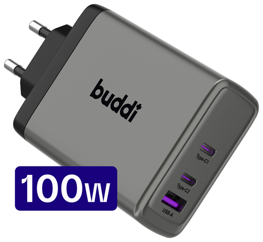 Buddi Power 100W Power Adapter Fast Charge 2x USB-C + USB-A Snellader Grijs afbeelding 1