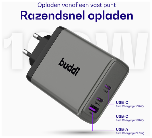 Buddi Power 100W Power Adapter Fast Charge 2x USB-C + USB-A Snellader Grijs afbeelding 3