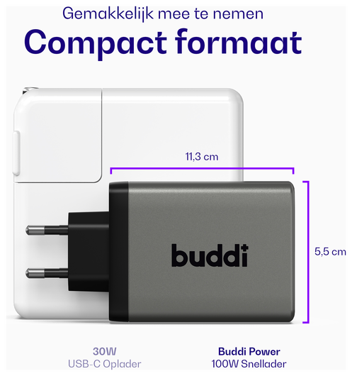 Buddi Power 100W Power Adapter Fast Charge 2x USB-C + USB-A Snellader Grijs afbeelding 4