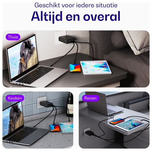 Buddi Power 100W Power Adapter Fast Charge 2x USB-C + USB-A Snellader Grijs afbeelding 5