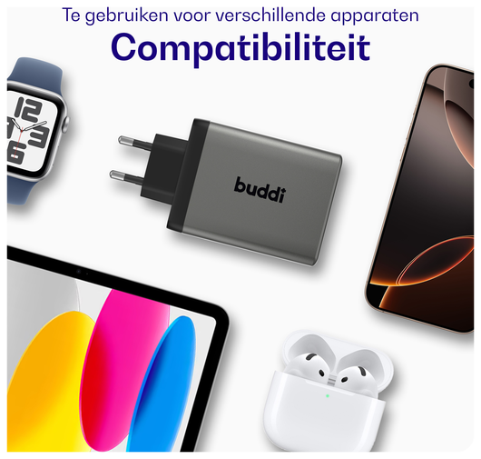 Buddi Power 100W Power Adapter Fast Charge 2x USB-C + USB-A Snellader Grijs afbeelding 6