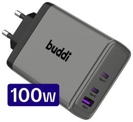 Buddi Power 100W Power Adapter Fast Charge 2x USB-C + USB-A Snellader Grijs