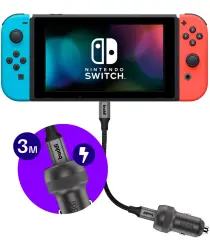 Nintendo Switch 45W Buddi Autolader met 3M USB-C naar USB-C kabel