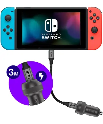 Nintendo Switch 45W Buddi Autolader met 3M USB-C naar USB-C kabel Opladers