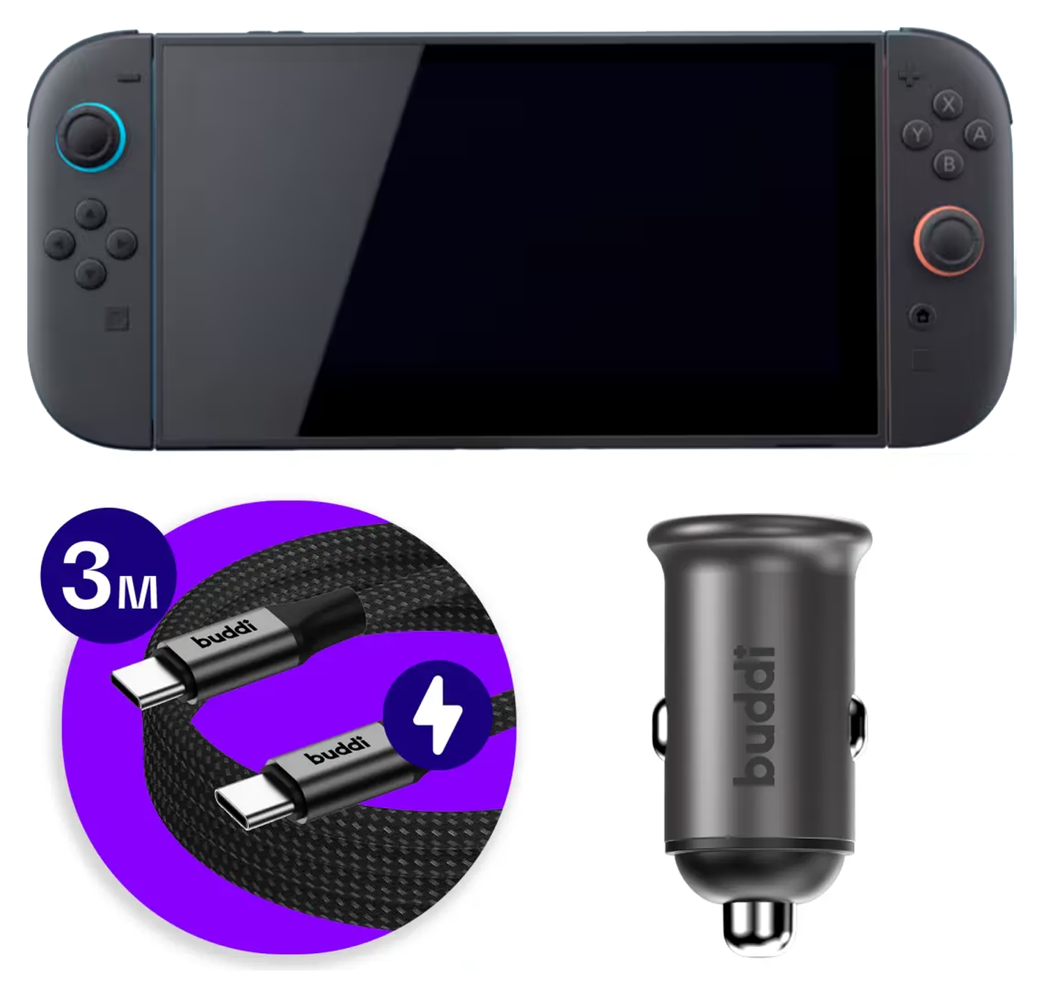 Nintendo Switch / Switch 2 - 45W Buddi Autolader met 3M USB-C naar USB-C kabel afbeelding 1