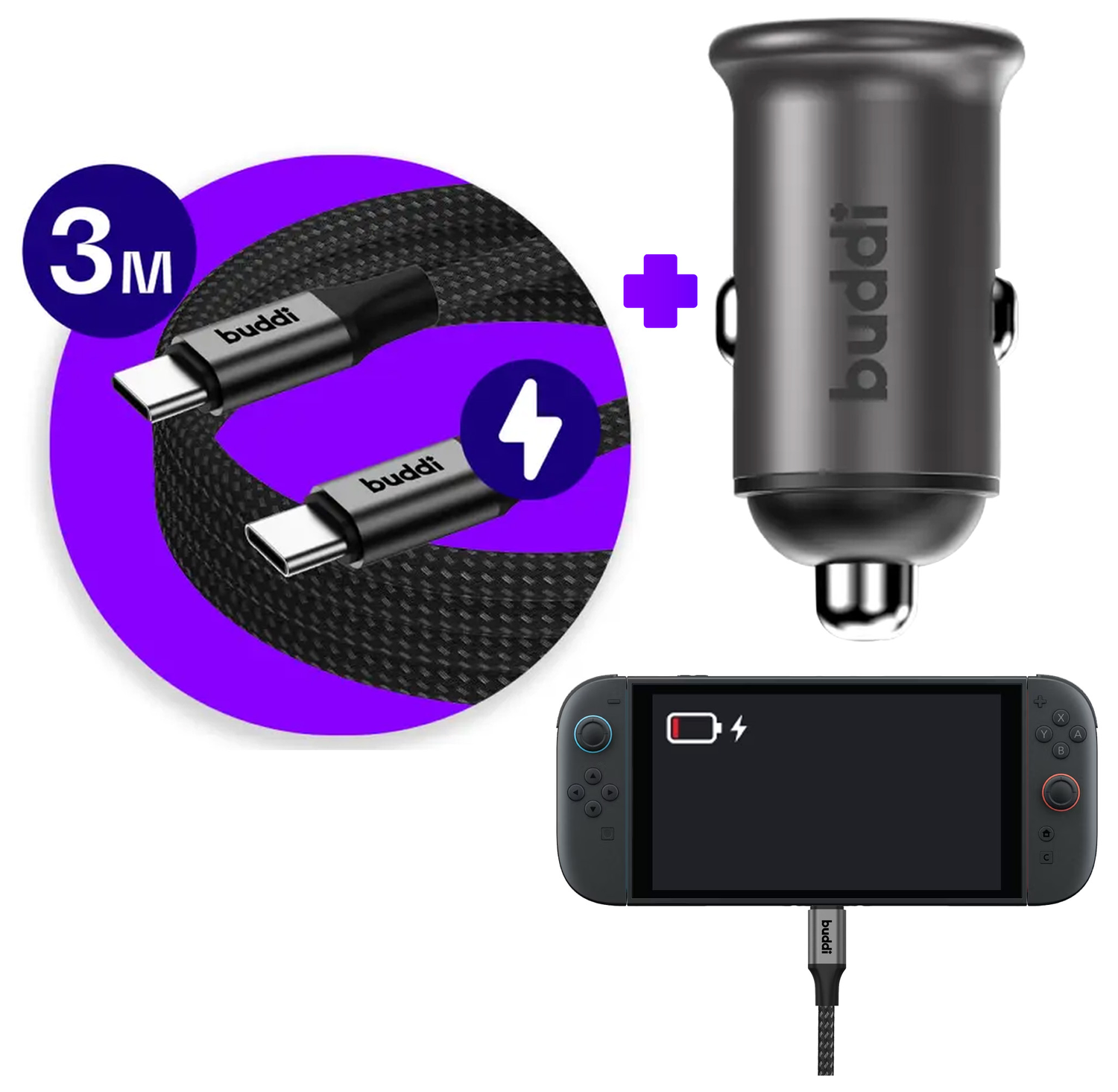 Nintendo Switch / Switch 2 - 45W Buddi Autolader met 3M USB-C naar USB-C kabel afbeelding 1