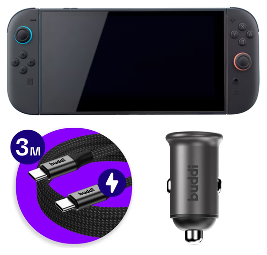 Nintendo Switch / Switch 2 - 45W Buddi Autolader met 3M USB-C naar USB-C kabel afbeelding 1