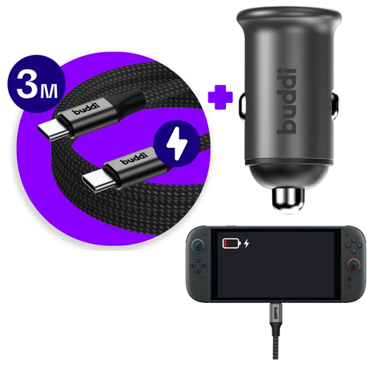 Nintendo Switch / Switch 2 - 45W Buddi Autolader met 3M USB-C naar USB-C kabel afbeelding 1