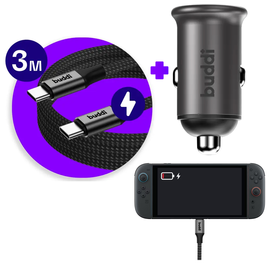 Nintendo Switch / Switch 2 - 45W Buddi Autolader met 3M USB-C naar USB-C kabel