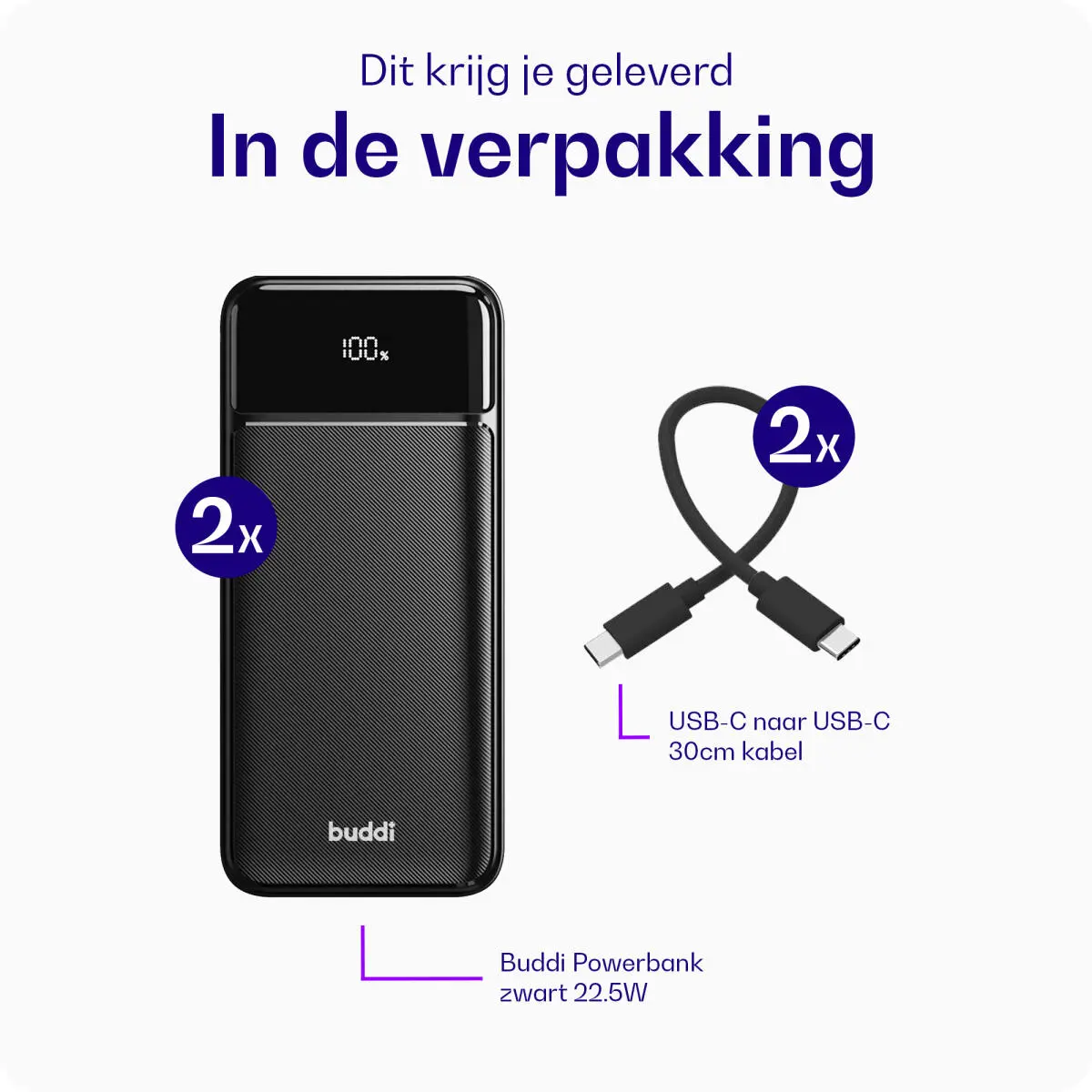 Buddi Boost 10.000 mAh Powerbank Met Display Duo Pack Zwart 22.5W afbeelding 10
