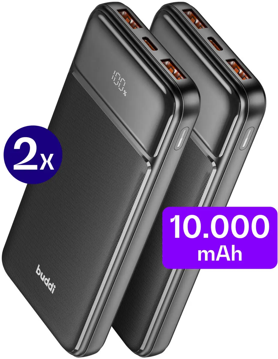 Buddi Boost 10.000 mAh Powerbank Met Display Duo Pack Zwart 22.5W afbeelding 1