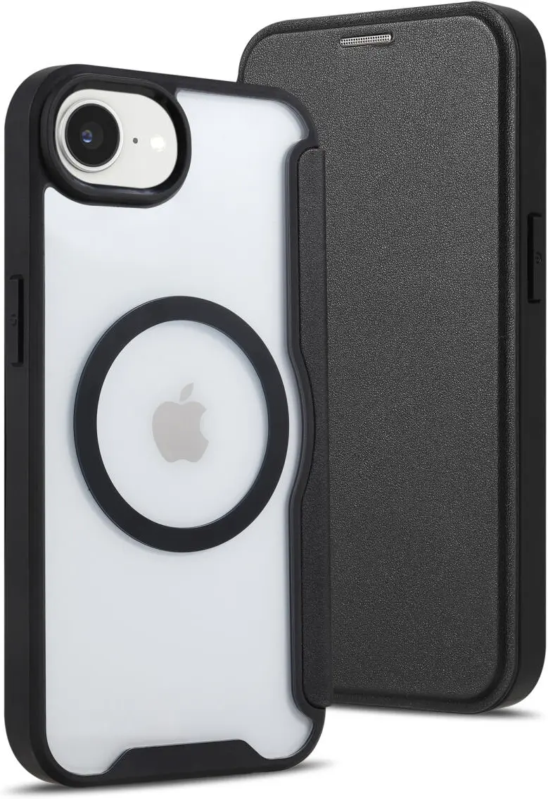 Apple iPhone 16e Hoesje met MagSafe / Qi2 Book Case Transparant / Zwart afbeelding 2