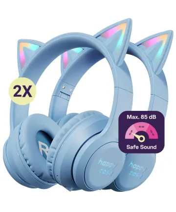 HappyCase Popz Draadloze Kinderkoptelefoon Kattenoortjes 2-Pack Blauw Headsets