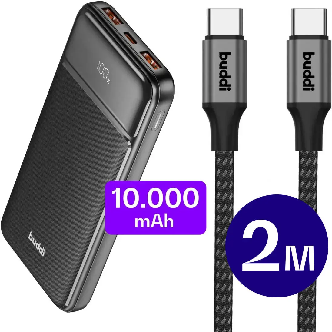 Buddi Boost 10.000 mAh Powerbank 22.5W met Buddi Flex USB-C Kabel 2M afbeelding 1
