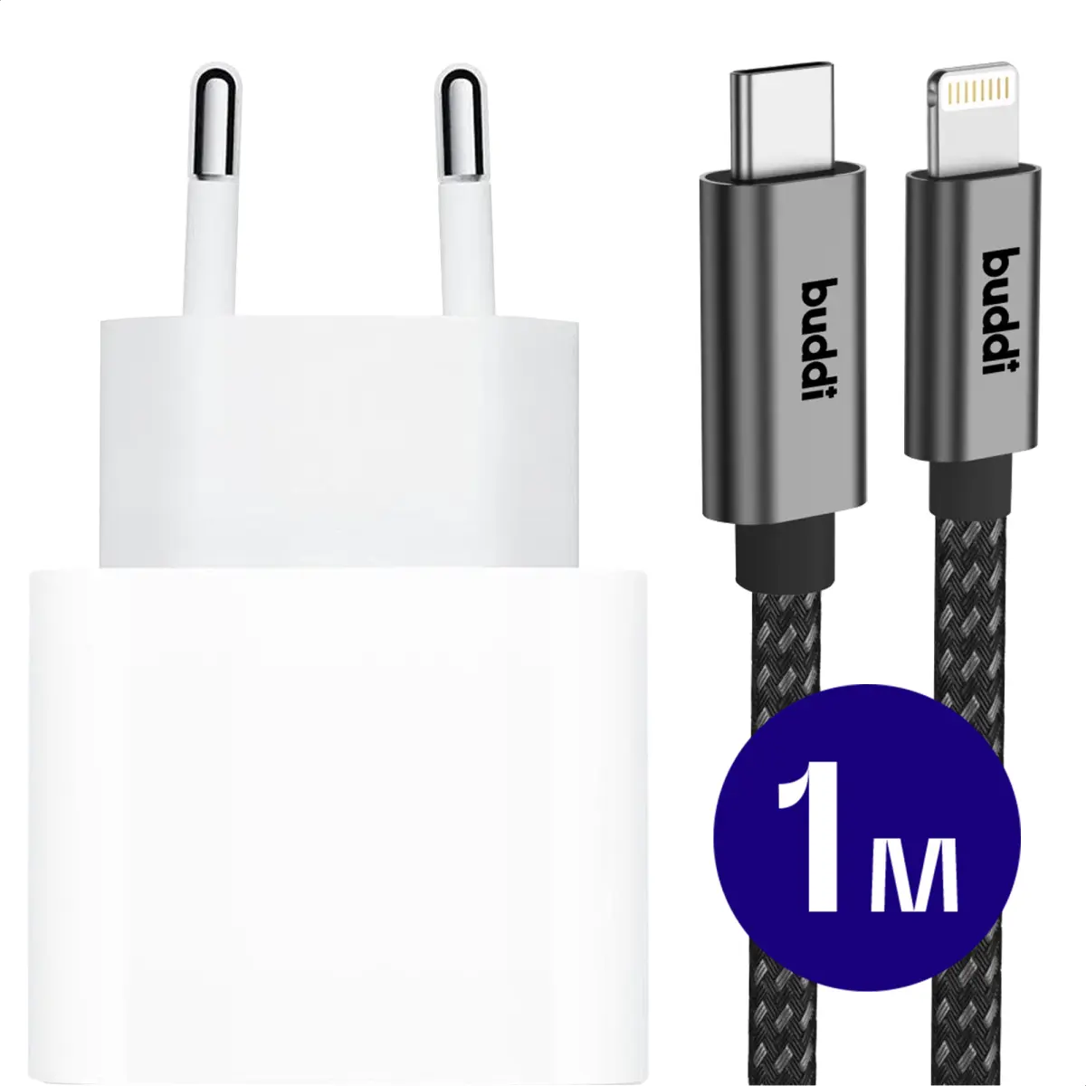 Originele Apple 20W USB-C Oplader met Buddi Lightning Kabel 1M Zwart afbeelding 1