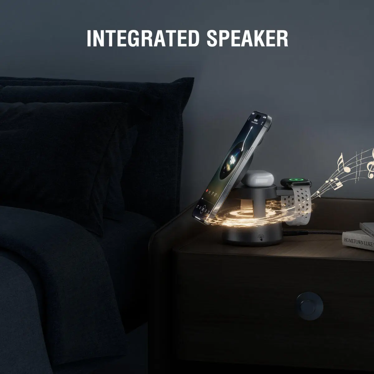 4smarts Aura Sound 3-in-1 Qi2 Draadloze Oplader Smartphone/AirPods/Watch Grijs afbeelding 5