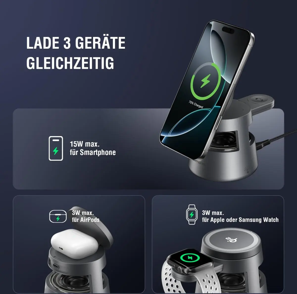 4smarts Aura Sound 3-in-1 Qi2 Draadloze Oplader Smartphone/AirPods/Watch Grijs afbeelding 3