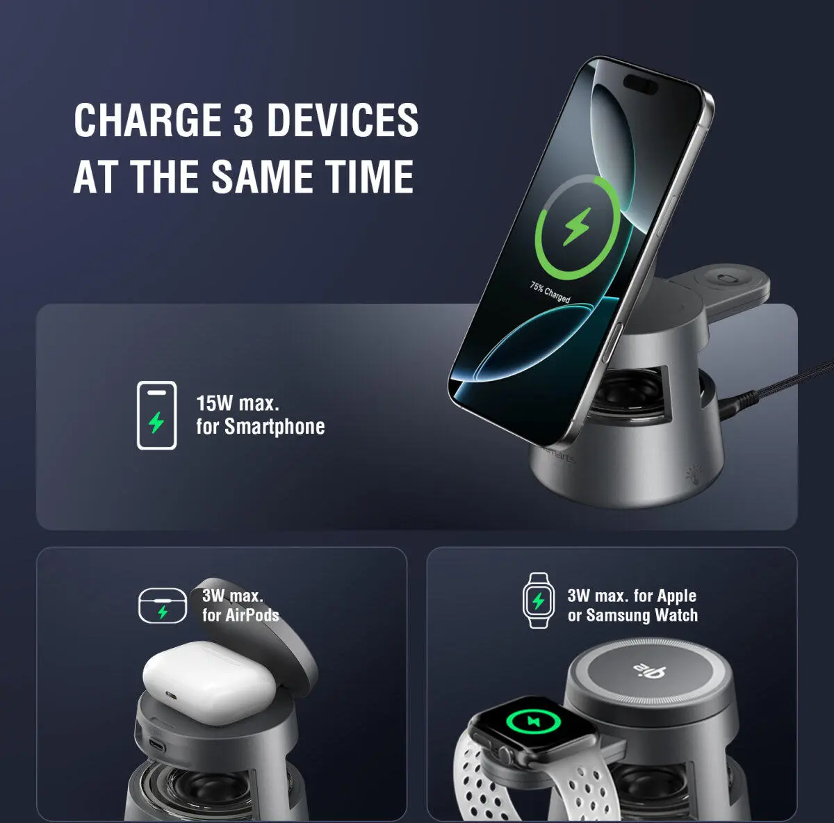 4smarts Aura Sound 3-in-1 Qi2 Draadloze Oplader Smartphone/AirPods/Watch Grijs afbeelding 3
