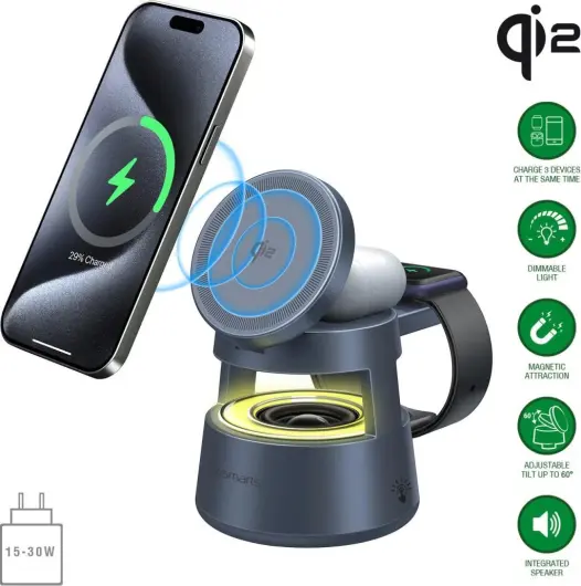 4smarts Aura Sound 3-in-1 Qi2 Draadloze Oplader Smartphone/AirPods/Watch Grijs afbeelding 1