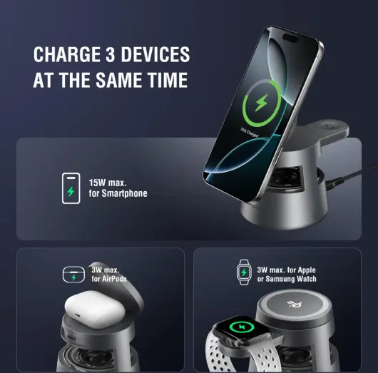 4smarts Aura Sound 3-in-1 Qi2 Draadloze Oplader Smartphone/AirPods/Watch Grijs afbeelding 3