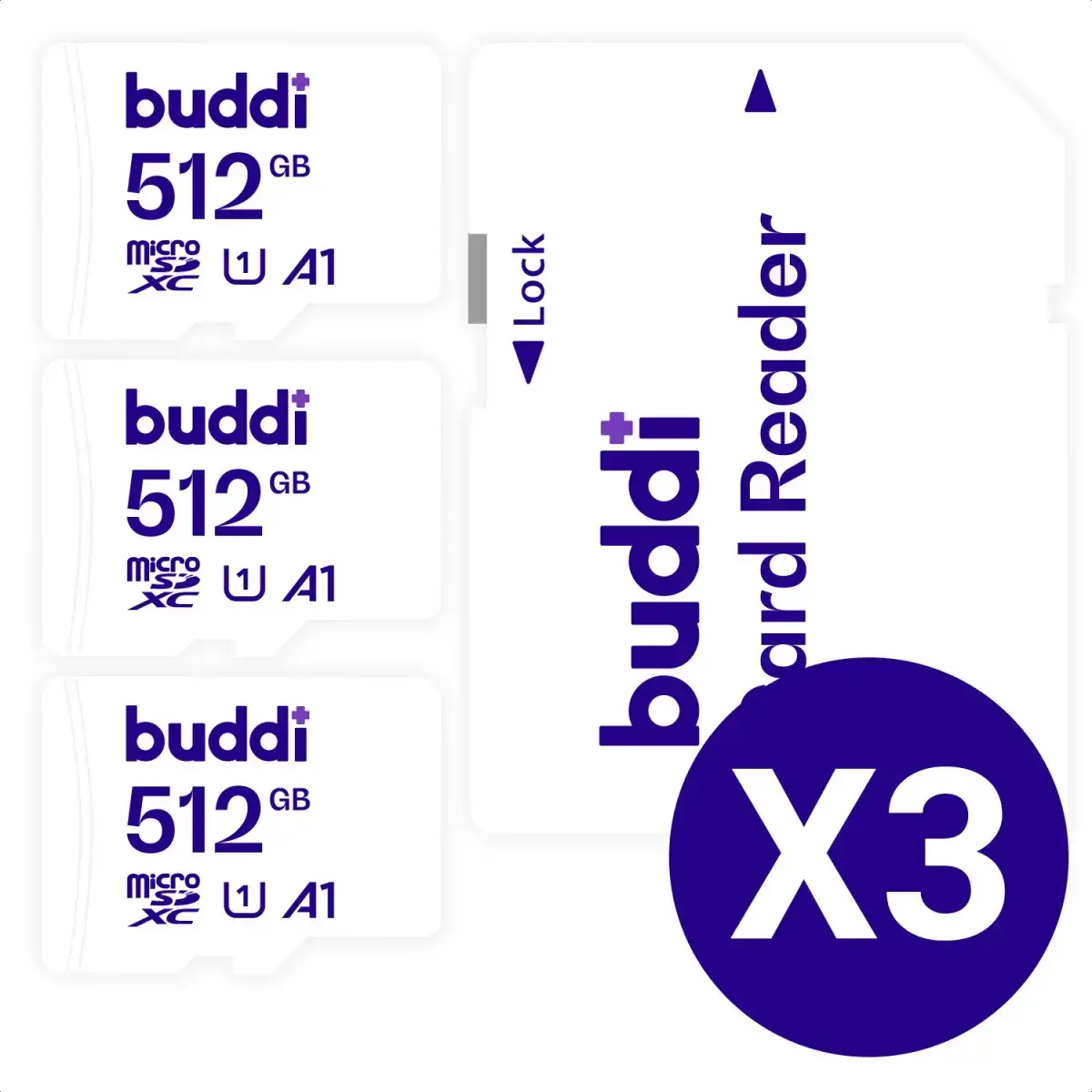 Buddi MicroSDXC Geheugenkaart met SD Kaart Adapter 512GB 3-Pack afbeelding 1