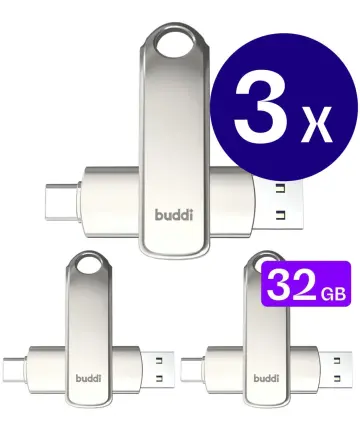 Buddi USB-A en USB-C Stick Dual Geheugenstick 32GB Grijs (3-Pack) Geheugenkaarten